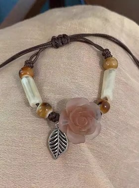 新中式山茶花编织手链女原创设计小众陶瓷手饰民族风手绳饰品