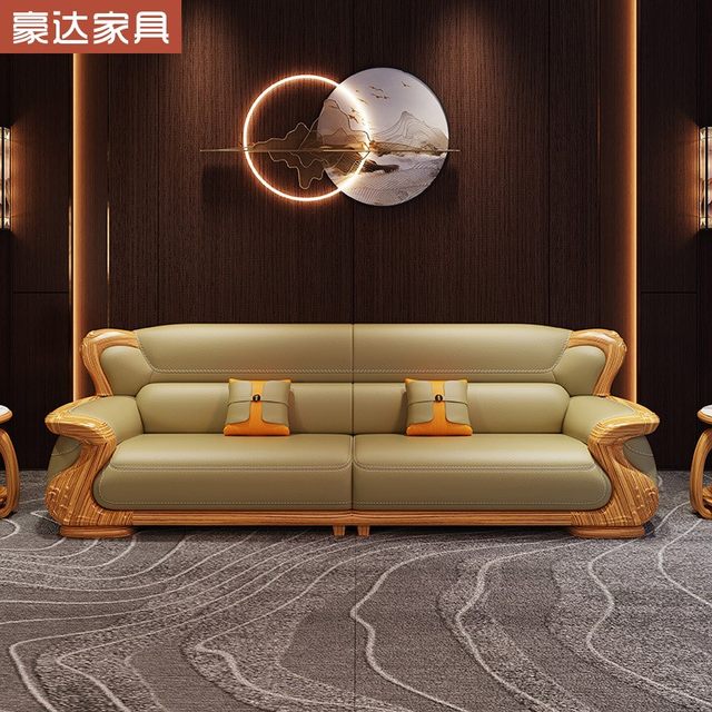 New Chinese style big black gold solid wood layer cowhide sofa 124 combination villa large flat floor living room whole house furniture