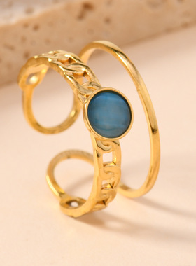 跨境热卖天然石不锈钢戒指时尚双线连口石开口戒镀18k金手饰品