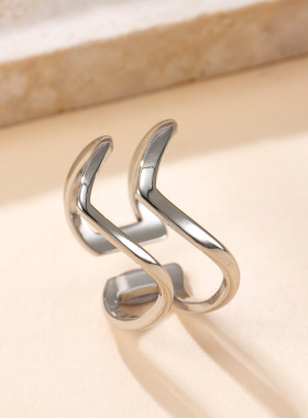 跨境时尚不锈钢戒指油压不规则线条开口戒指小众设计钛钢饰品厂