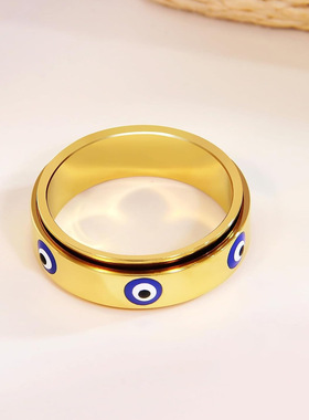跨境新款蓝色邪恶之眼可旋转设计304不锈钢戒指男女同款潮流饰品
