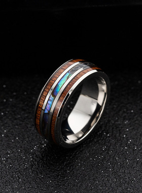 手饰相思木纹+鲍鱼贝壳钛钢戒指