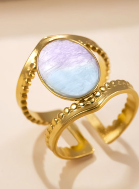 跨境爆款不锈钢戒指油压双线撞色开口戒指轻奢高级感钛钢饰品