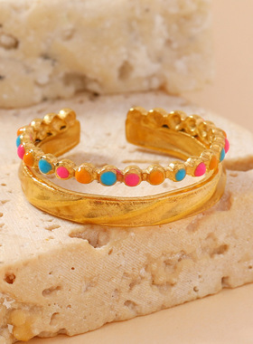 跨境设计感时尚个性不锈钢饰品女油压双线滴彩色油开口钛钢戒指