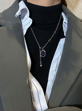 黑色方形吊坠球项链女锁骨链