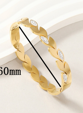 金色树叶镶钻O型弹簧钛钢手镯