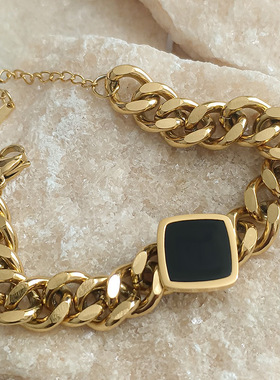 现货欧美个性夸张钛钢手链女小众百搭黑色方块钛钢链条高级感