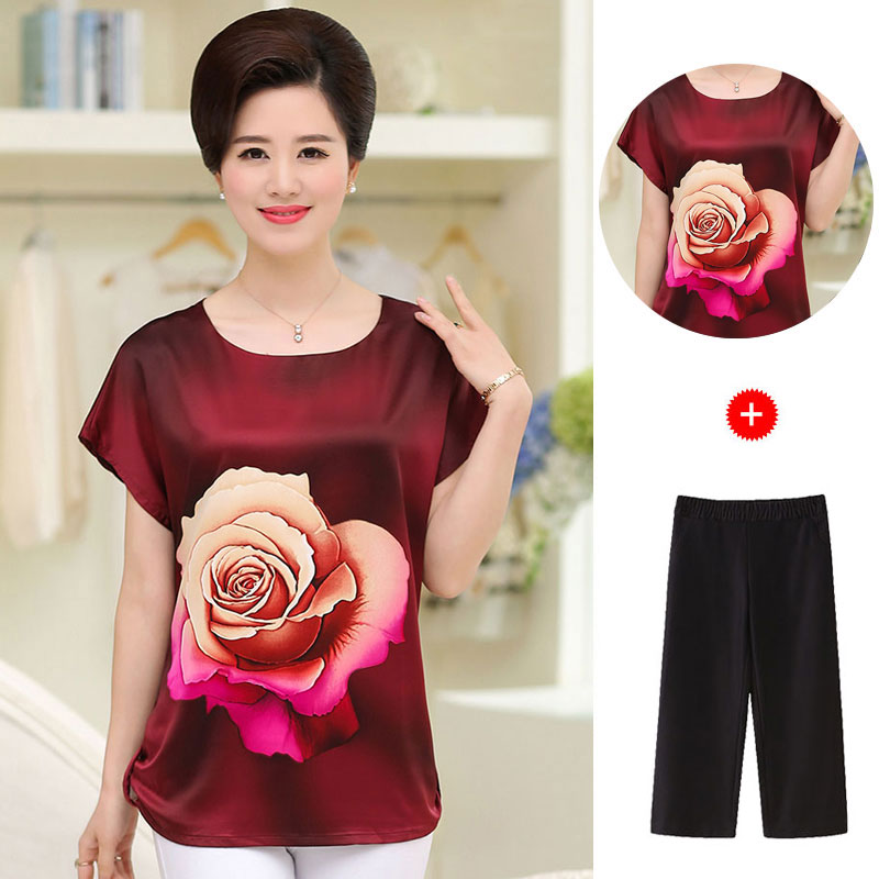 巴宝兹旗舰店中老年女装夏装新款时尚两件套中年妈妈装夏季上衣裤子套装3