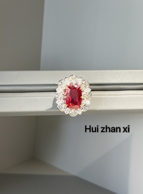 Hui zhanxi  培育红宝大克拉鸽血红满钻豪镶宴会款戒指  项链套装