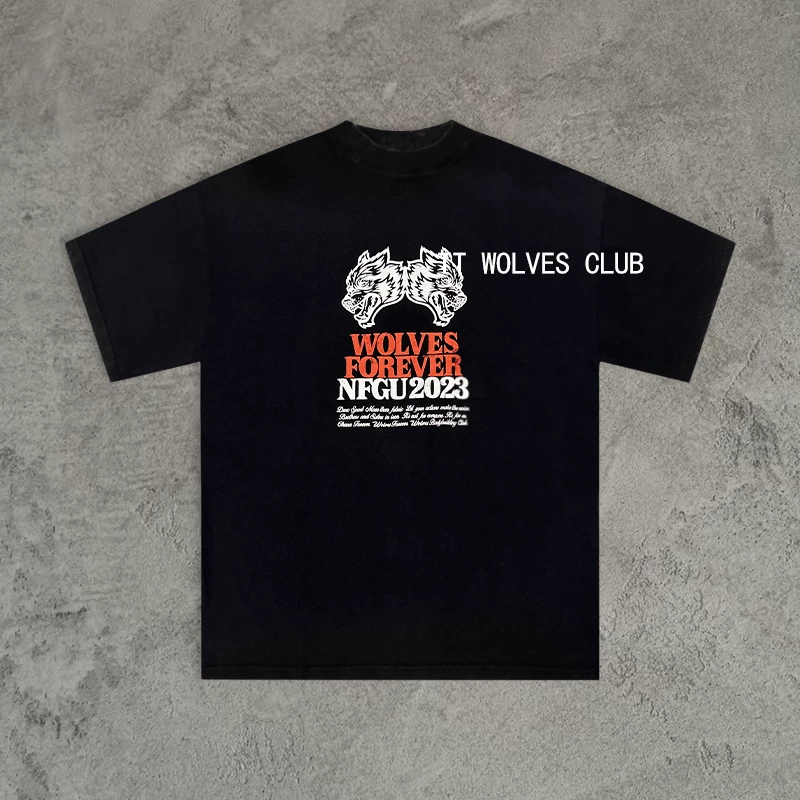 TT Wolves exclusive! Wolf head retro sand washing, old loose sports, casual breathable sports short-sleeved D91