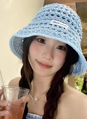 纯色镂空编织渔夫帽透气遮阳盆帽