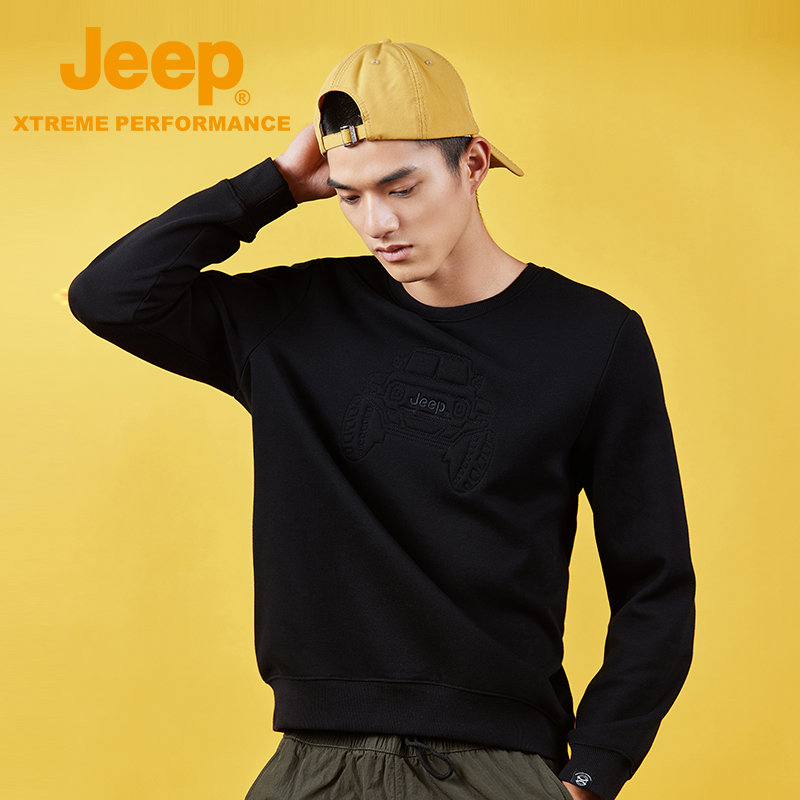 Jeep吉普加绒卫衣男秋季新款战车刺绣上衣防风保暖外套户外休闲衣