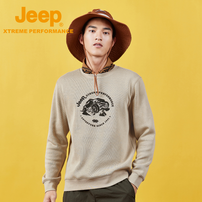 【加绒】Jeep吉普卫衣男透气圆领运动衫植绒印花长袖保暖防风秋衣