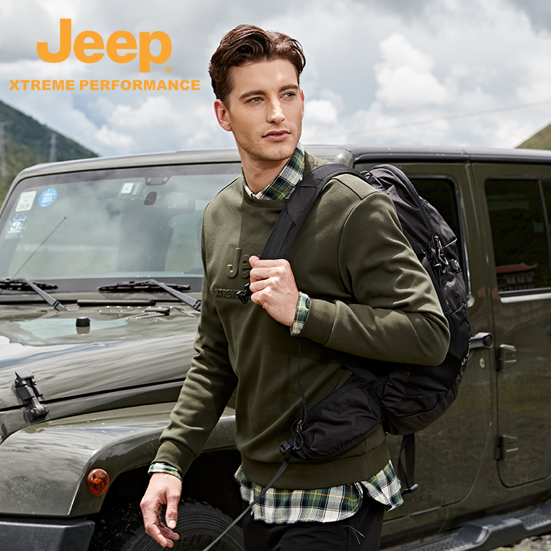 jeep吉普圆领加绒卫衣男士户外运动长袖休闲男装秋冬正品新款上衣