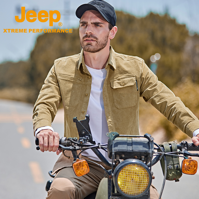 Jeep吉普秋季新款灯芯绒外套男亲肤抗皱衬衫中年夹克外套立领男装