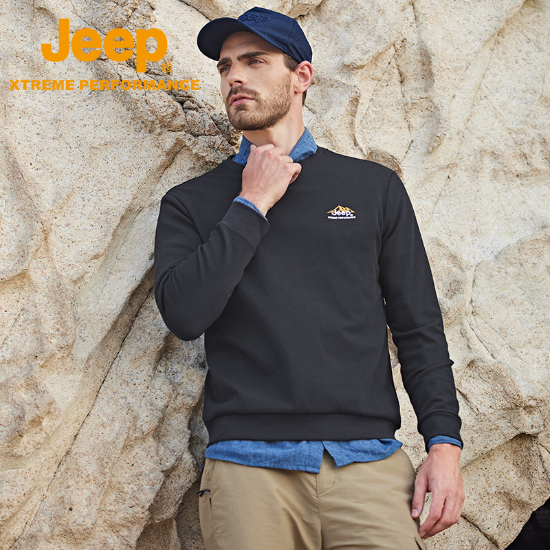Jeep吉普圆领卫衣秋款加绒外穿T恤男士运动男装时尚雪山长袖上衣 - 图2