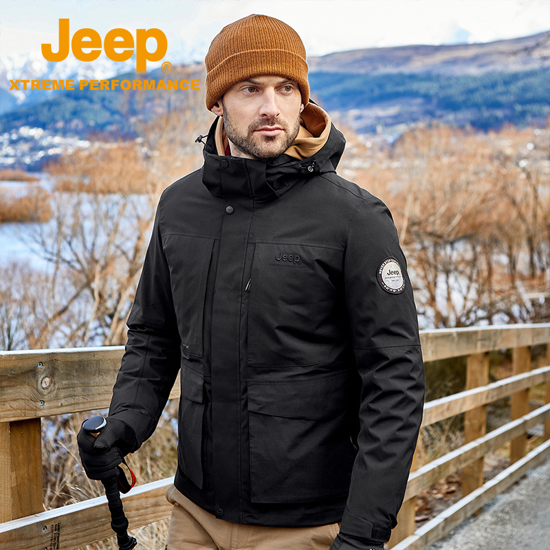 Jeep吉普秋冬新款羽绒服男户外加厚保暖鸭绒外套大码工装冲锋衣