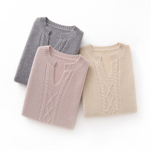 轻奢秋冬新款100%纯山羊绒衫女剪刀领绞花毛衣宽松加厚针织打底衫 - 图2