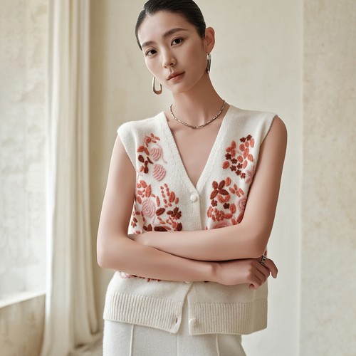 秋冬新100纯山羊绒衫女V领马甲重工手工绣花宽松百搭针织无袖开衫 - 图2