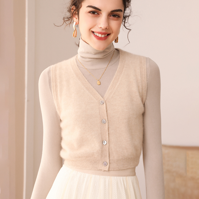 秋冬新款100纯山羊绒无袖开衫女V领休闲百搭背心简约短款针织马甲 - 图0