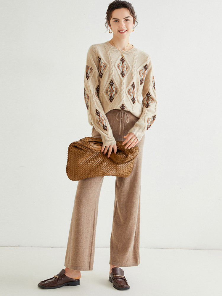 重工提花圆领羊绒衫女宽松100纯山羊绒软糯慵懒毛衣加厚秋冬外穿,淘宝优惠券,粉丝福利购,淘宝优惠卷