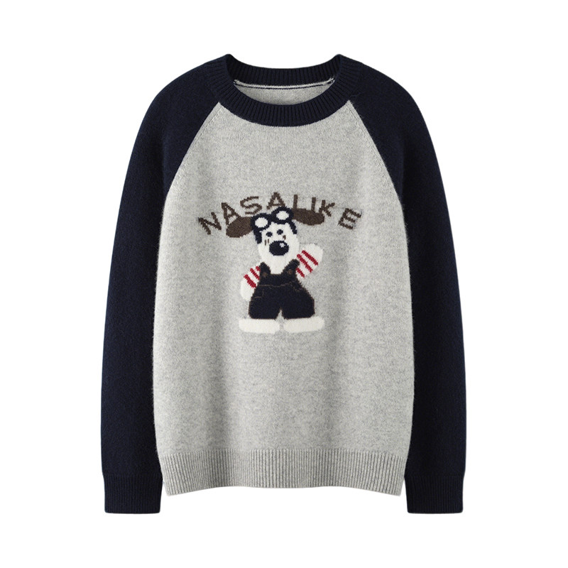 秋冬新款100%山羊绒衫圆领加厚插肩卡通减龄慵懒风百搭针织打底衫,淘宝优惠券,粉丝福利购,淘宝优惠卷