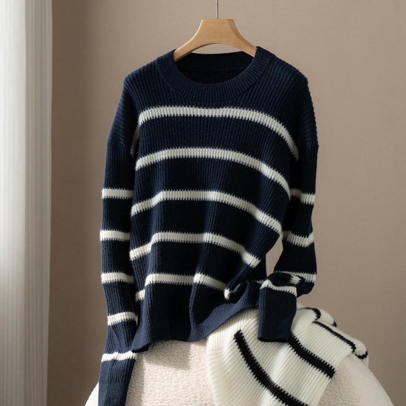 2025秋冬新款圆领条纹100%山羊绒衫女宽松百搭软糯针织打底衫毛衣,淘宝优惠券,粉丝福利购,淘宝优惠卷