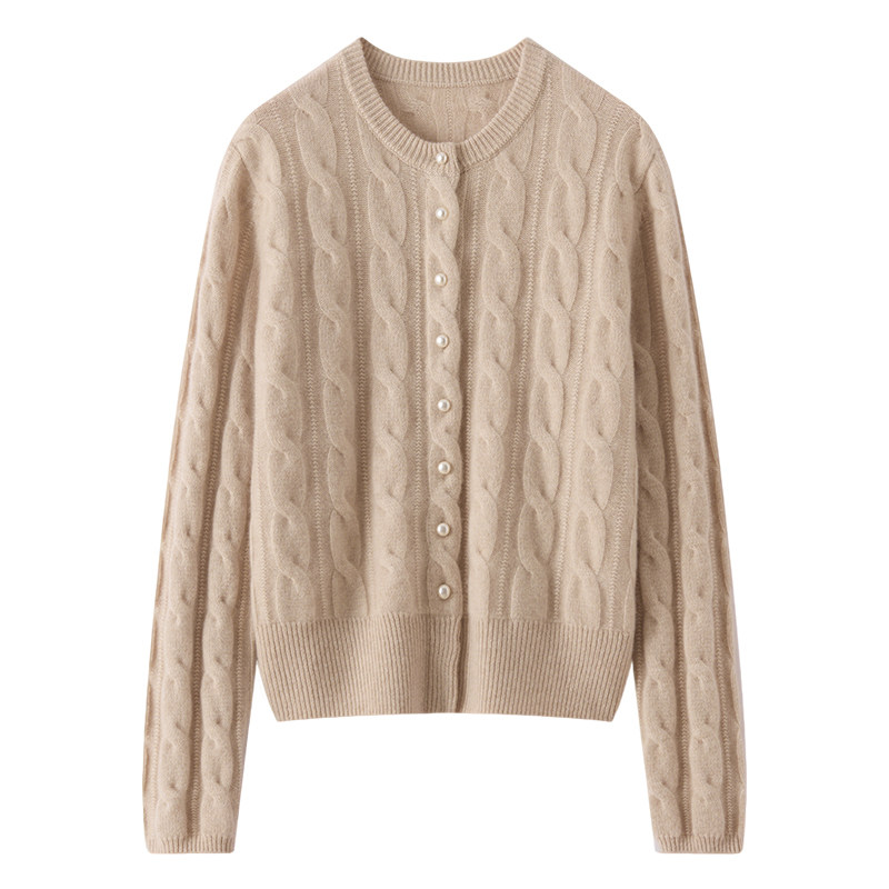 秋冬新款100%山羊绒开衫女圆领绞花针织外套宽松毛衣保暖时尚百搭,淘宝优惠券,粉丝福利购,淘宝优惠卷