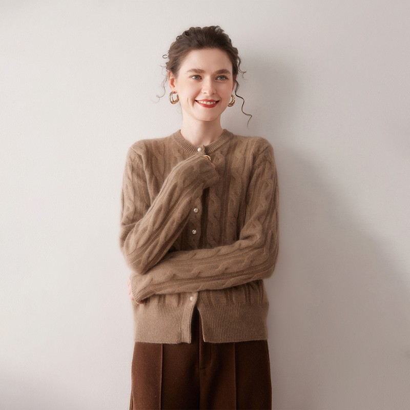 秋冬新款100%山羊绒开衫女圆领绞花针织外套宽松毛衣保暖时尚百搭,淘宝优惠券,粉丝福利购,淘宝优惠卷