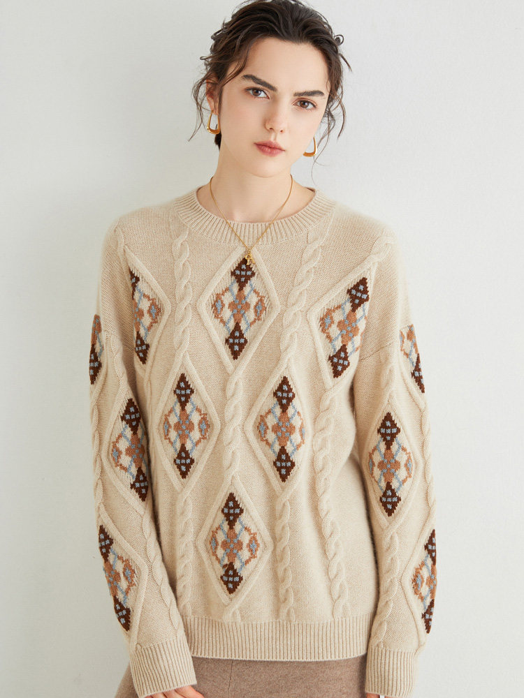 重工提花圆领羊绒衫女宽松100纯山羊绒软糯慵懒毛衣加厚秋冬外穿,淘宝优惠券,粉丝福利购,淘宝优惠卷