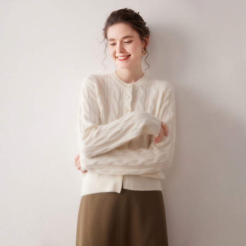 秋冬新款100%山羊绒开衫女圆领绞花针织外套宽松毛衣保暖时尚百搭,淘宝优惠券,粉丝福利购,淘宝优惠卷