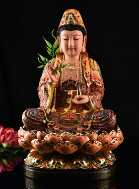 香樟木彩绘西方三圣大势至摆件