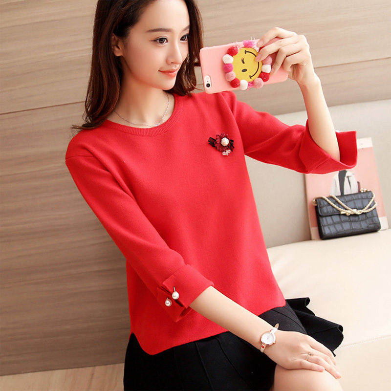 秋冬新款红色套头针织衫短款毛衣 黛思彤毛针织衫