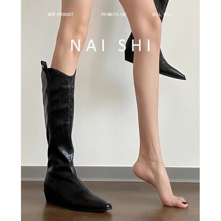 牛皮版！英伦内增高3.5cm粗跟长筒靴女2025新款尖头v口西部骑士靴,淘宝优惠券,粉丝福利购,淘宝优惠卷