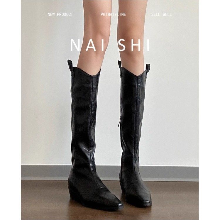 牛皮版！英伦内增高3.5cm粗跟长筒靴女2025新款尖头v口西部骑士靴,淘宝优惠券,粉丝福利购,淘宝优惠卷