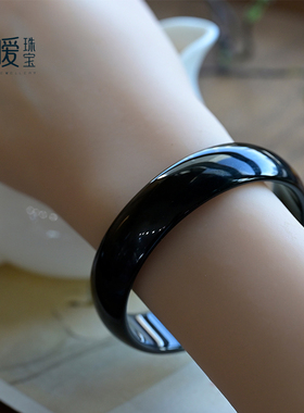 黑玛瑙手镯女墨黑色玉镯宽版薄款民族风镯子天然水晶饰品家人礼物