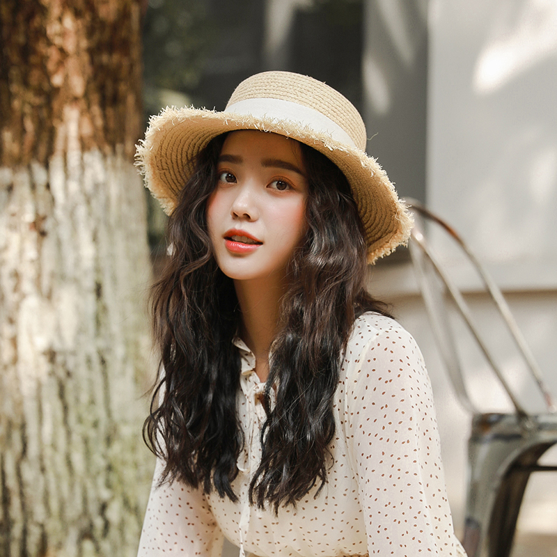 慕爱婷旗舰店帽子女夏韩版百搭拉菲草遮阳草帽小清新平顶防晒太阳帽出游沙滩帽0