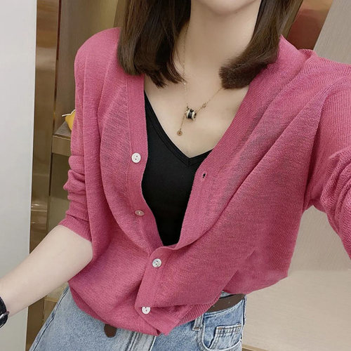 冰丝针织短外套2022夏季新款防晒开衫女薄款宽松V领显瘦上衣 - 图2