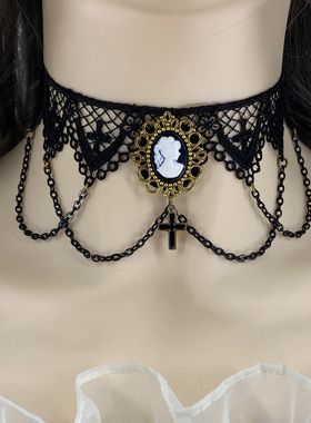 哥特风圣诞节日舞会蕾丝颈链女古董短项链lolita罗马十字架项圈