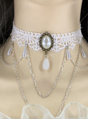 欧美朋克宽颈饰黑色蕾丝项链 复古宴会礼服夸张流苏吊坠锁骨链女
