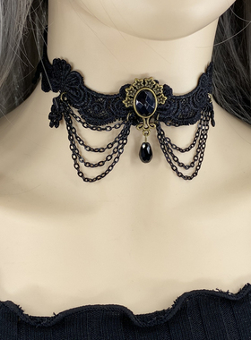 颈链女短款锁骨链脖子饰品项圈颈带性感黑色蕾丝网红流苏项链装饰