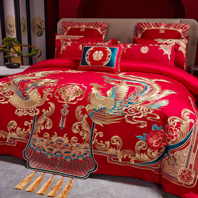 120-count newlywed long-staple cotton red wedding four-piece set