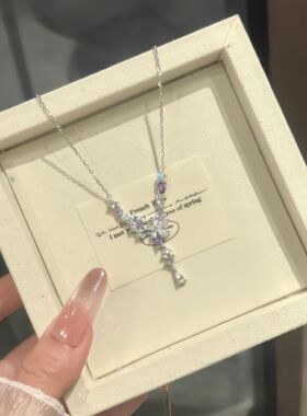 S999纯银项链女款紫藤花锆石锁骨链小众轻奢流苏颈链新款生日礼物