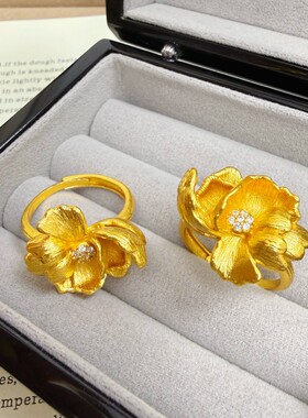 铜合金戒指 中式黄金拉丝高级感芍药花牡丹花戒指活口时尚戒指女