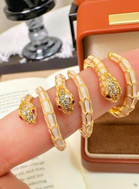 铜合金锆石戒指 古法珐琅彩本命年生肖蛇戒指轻奢蛇形开口指环