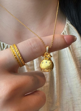 「轻金集」古法沙金招财钱袋子5G拉丝福袋颈饰十字刻印精致项链女