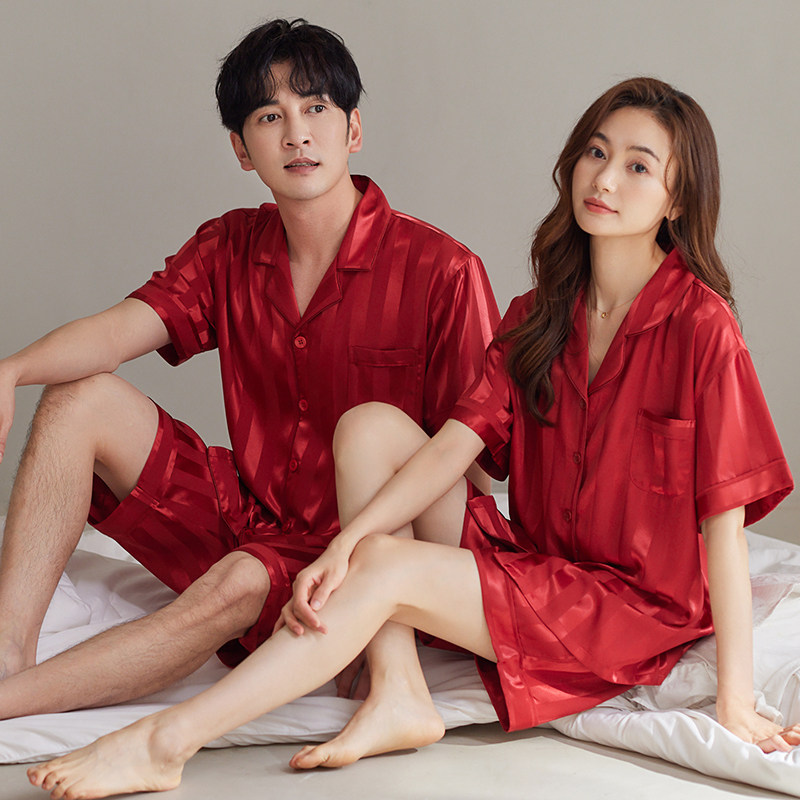 思馨坊情侣睡衣冰丝夏季短袖女款红色结婚新婚男士家居服两件套装,淘宝优惠券,粉丝福利购,淘宝优惠卷