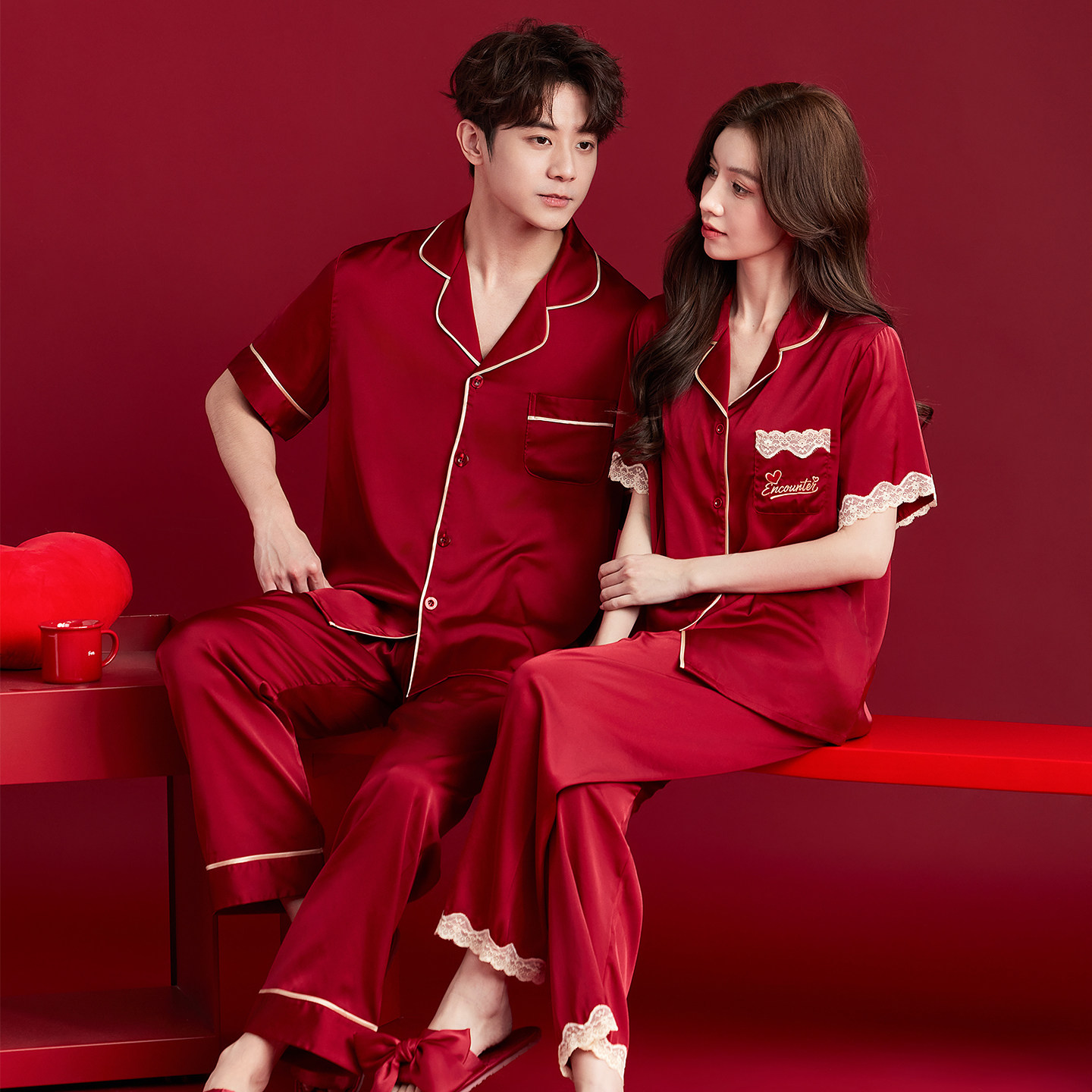 Sixinfang summer short-sleeved ice silk red wedding pajamas