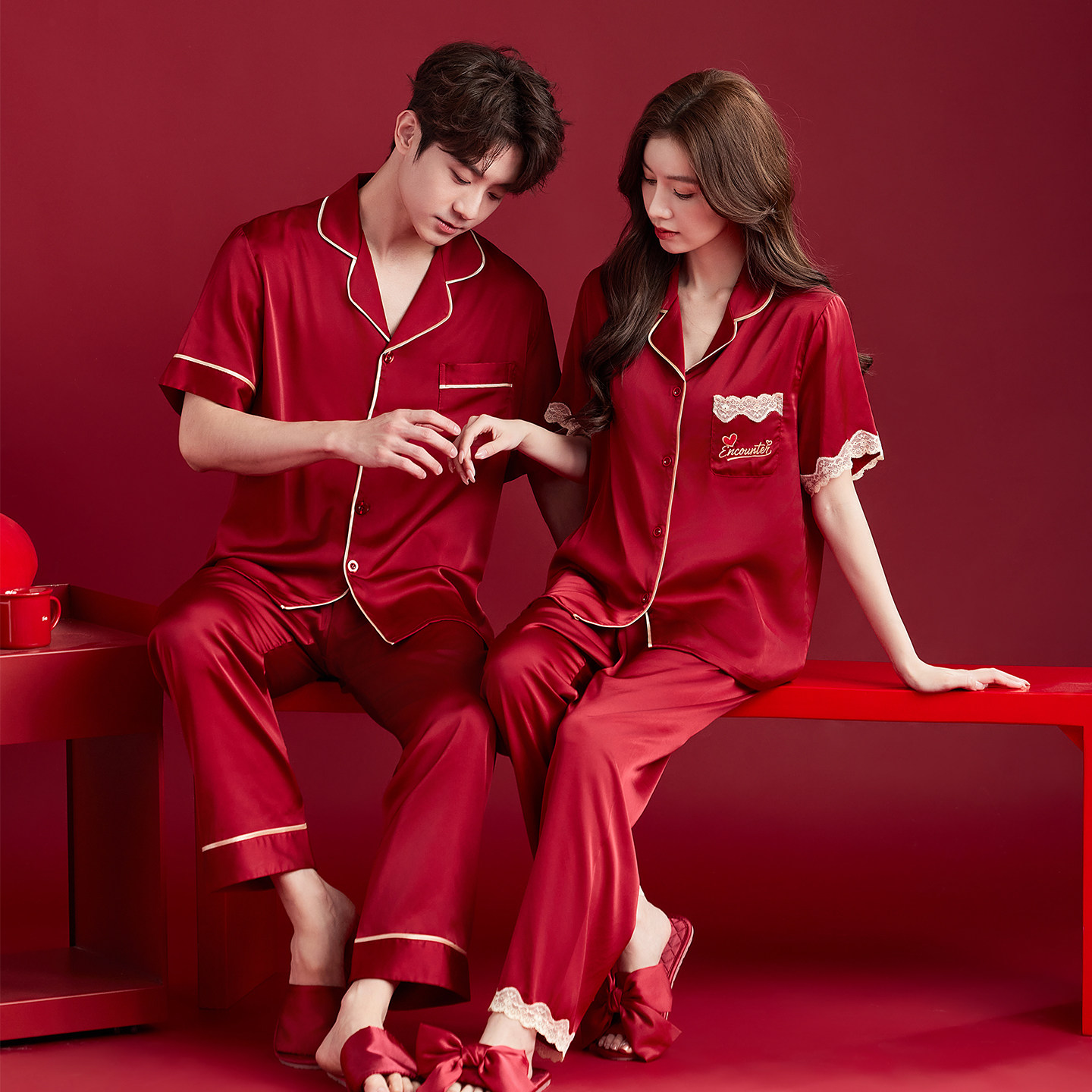 Sixinfang summer short-sleeved ice silk red wedding pajamas