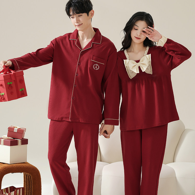 思馨坊情侣睡衣结婚新婚春秋季纯棉长袖华夫格红色男女士家居服冬,淘宝优惠券,粉丝福利购,淘宝优惠卷